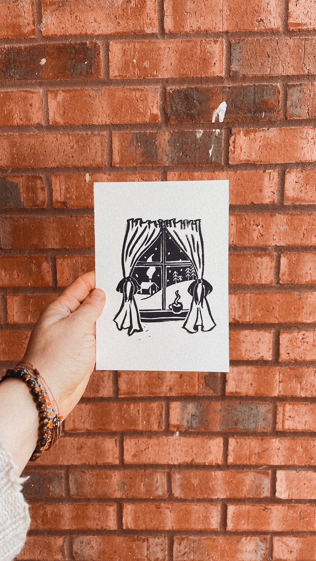 Handmade, Linocut Print Card: Winter Evening