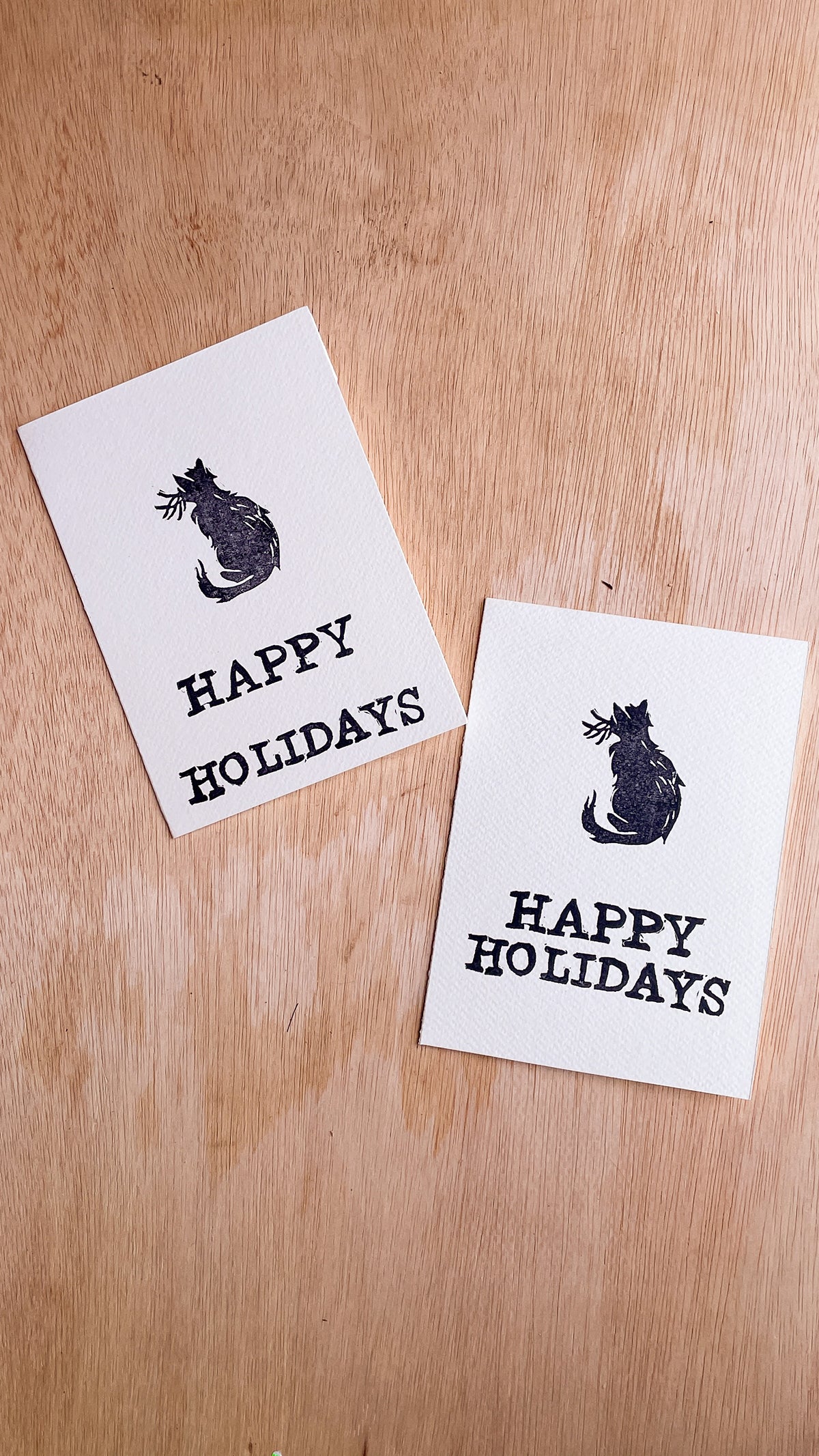 Handmade, Linocut Print Card: Happy Holidays Cat