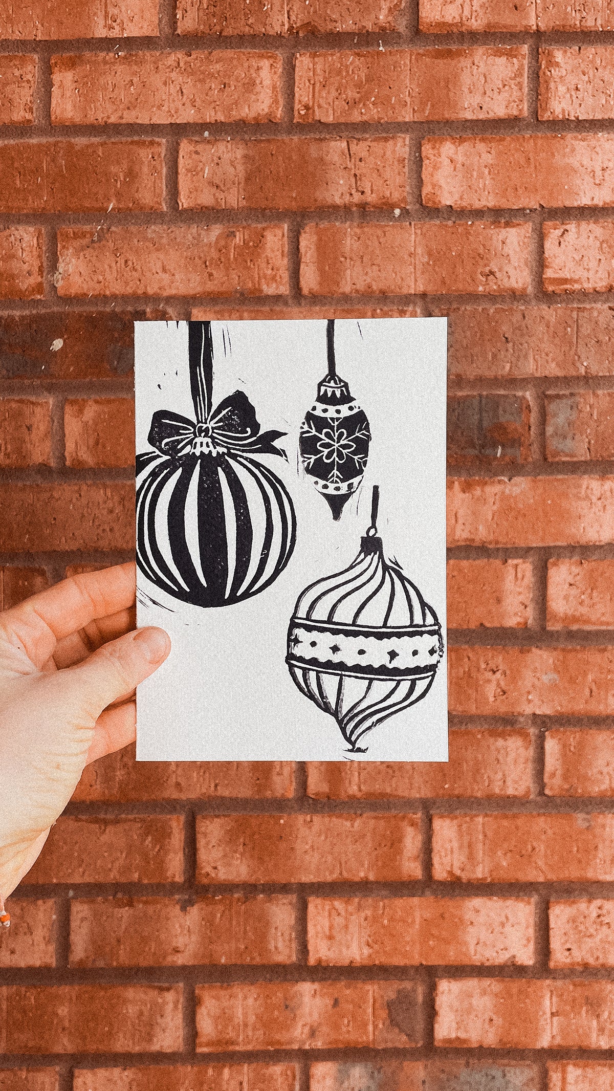 Handmade, Linocut Print Card: Christmas Baubles