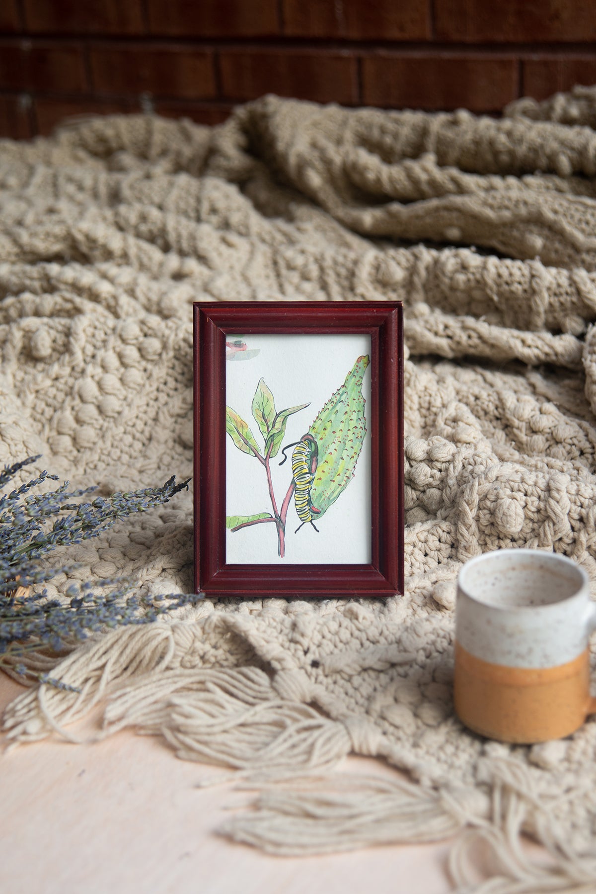 Original Watercolor Milkweed Caterpillar in Mahogany Frame