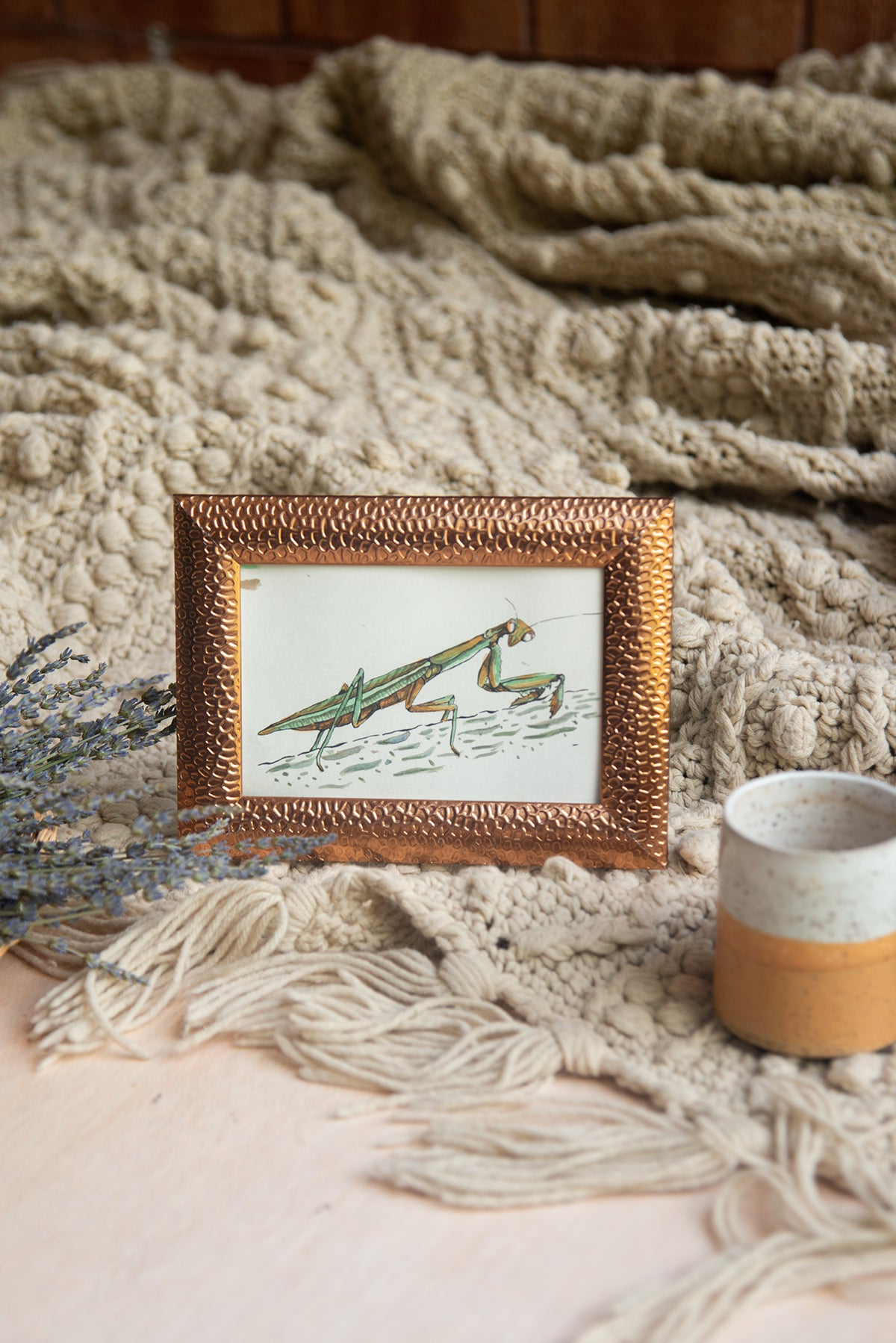 Original Watercolor Praying Mantis in Copper Frame