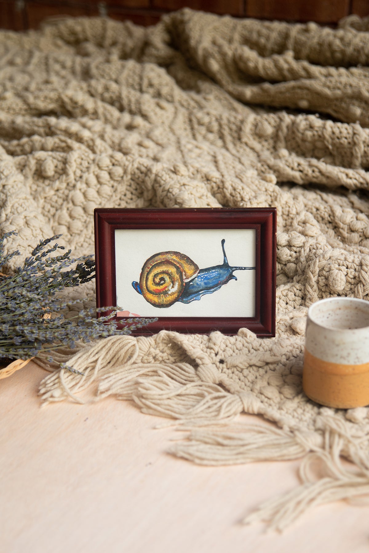 Original Watercolor Snail in Mahogany Frame