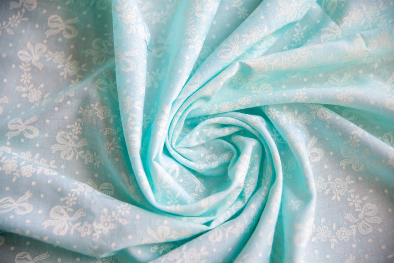 Slubby Cotton - Tiffany Blue + White Bow Print