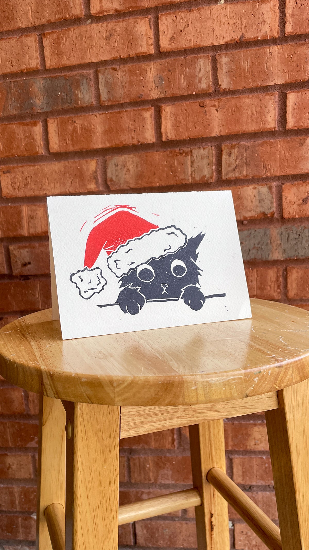 Handmade, Linocut Print Card: Holiday Cat
