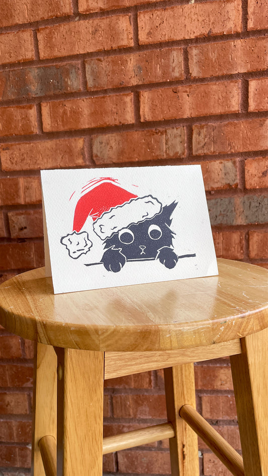 Handmade, Linocut Print Card: Holiday Cat
