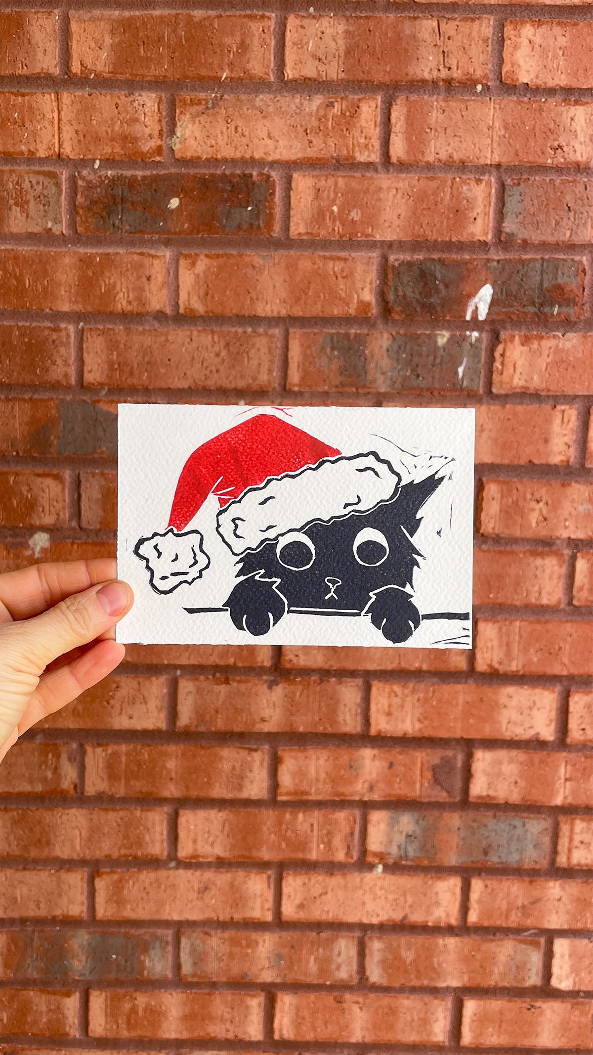 Handmade, Linocut Print Card: Holiday Cat