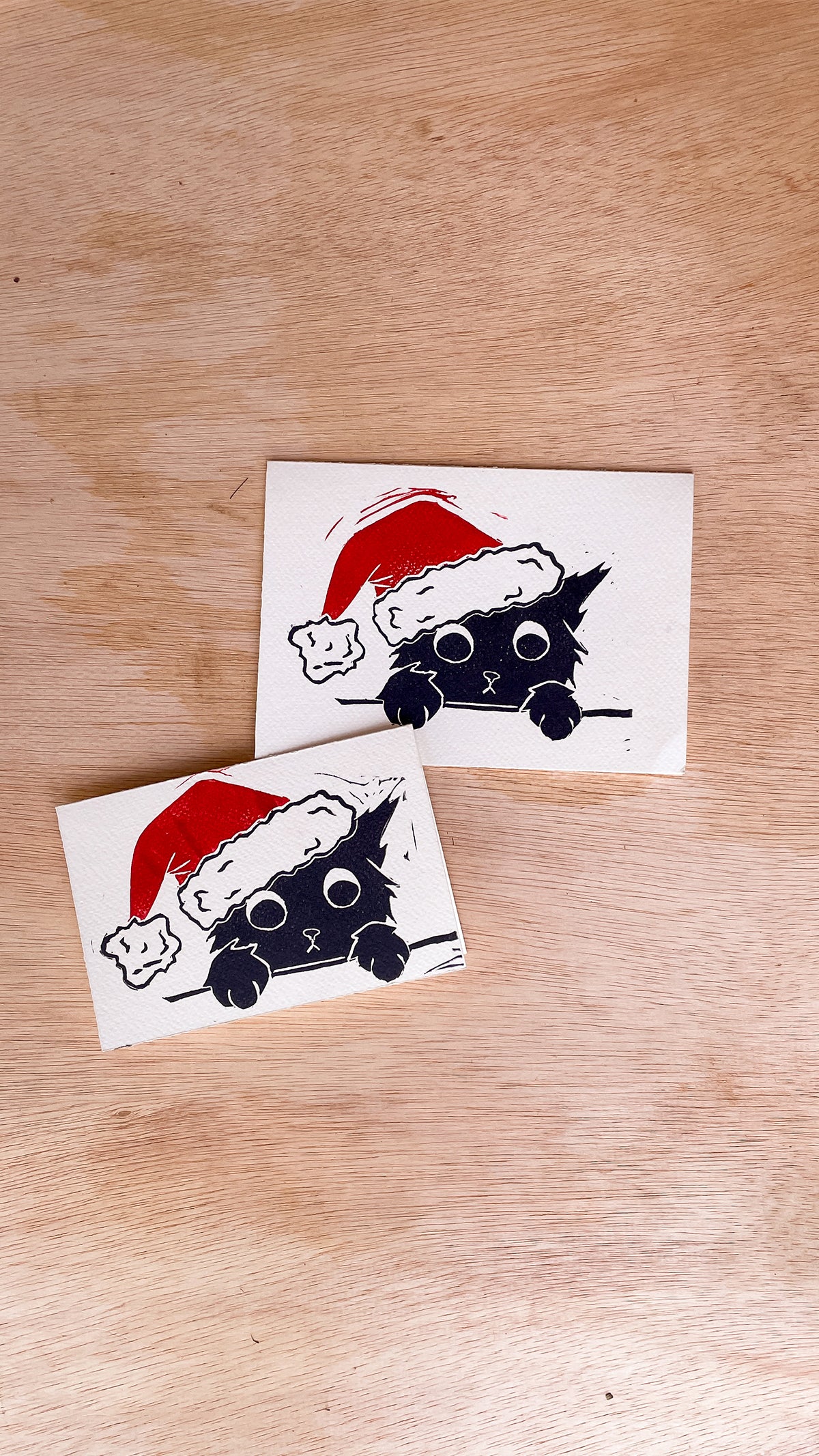 Handmade, Linocut Print Card: Holiday Cat