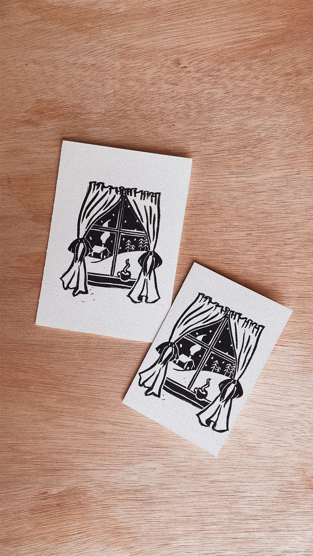 Handmade, Linocut Print Card: Winter Evening