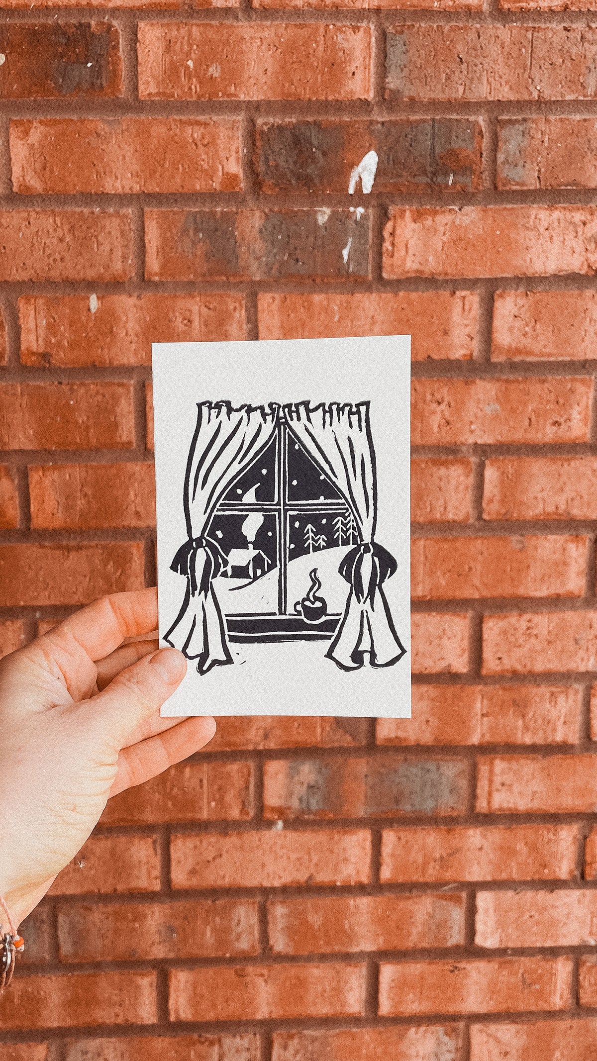 Handmade, Linocut Print Card: Winter Evening