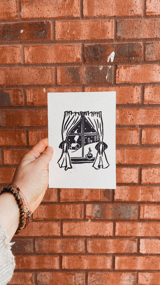 Handmade, Linocut Print Card: Winter Evening