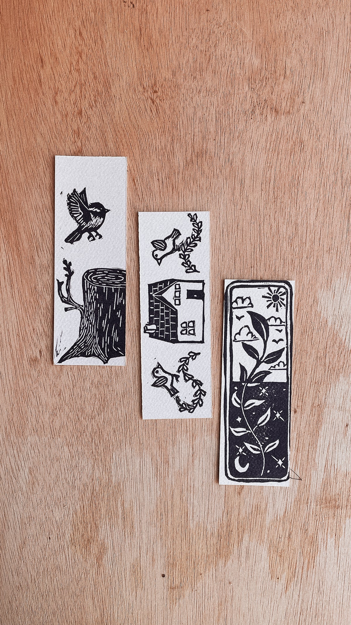 Handmade, Linocut Bookmarks: 2"x6"