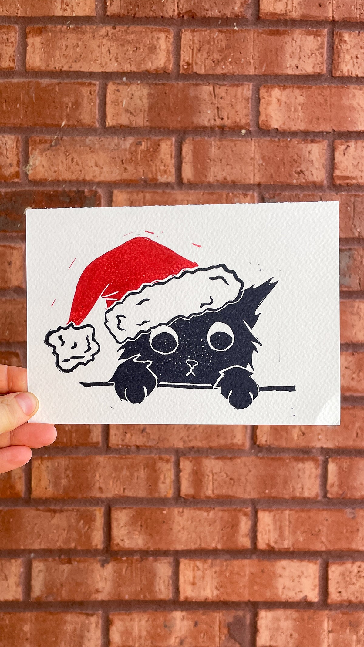 Handmade, Linocut Print Card: Holiday Cat