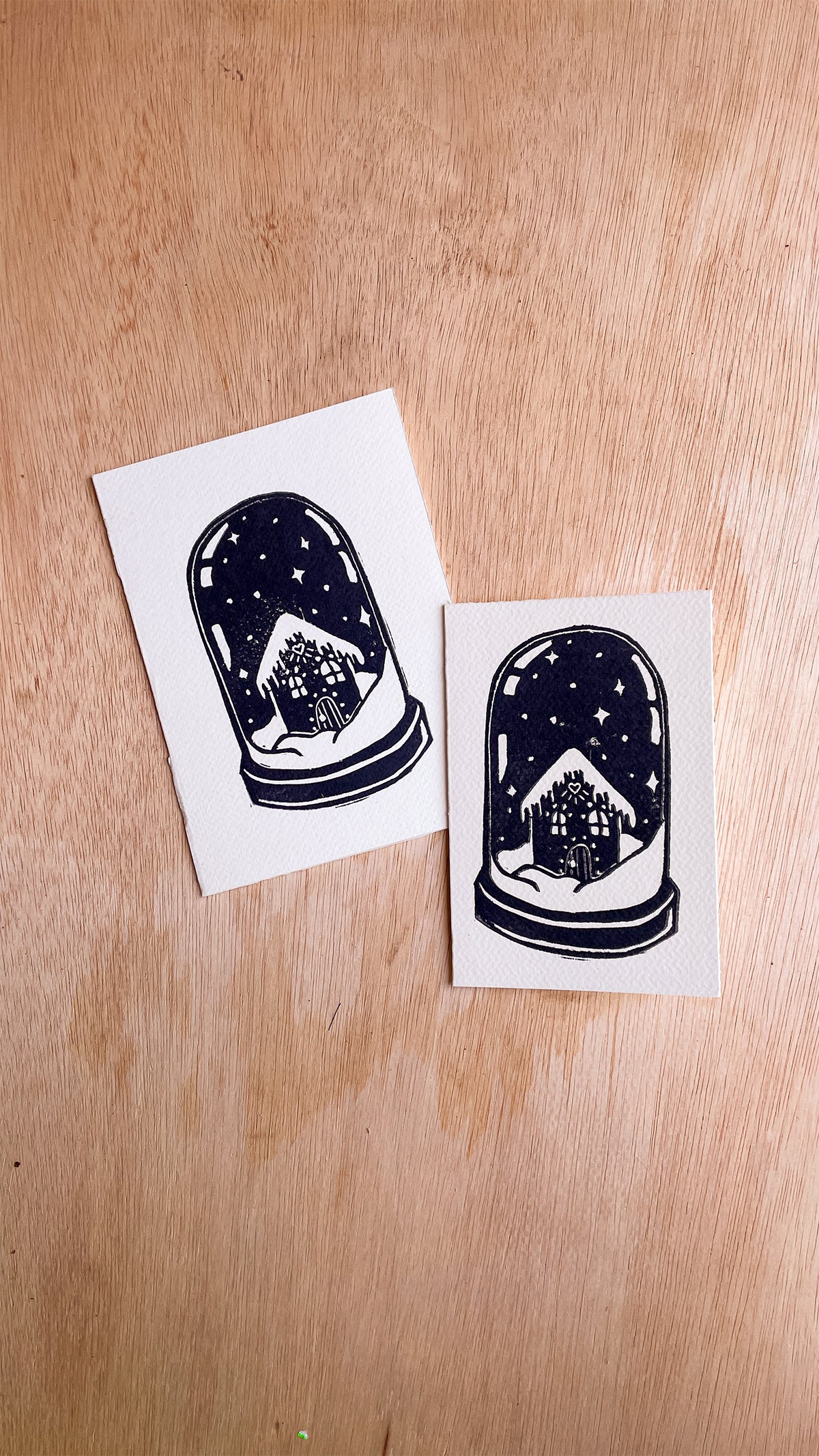 Handmade, Linocut Print Card: Snow Globe