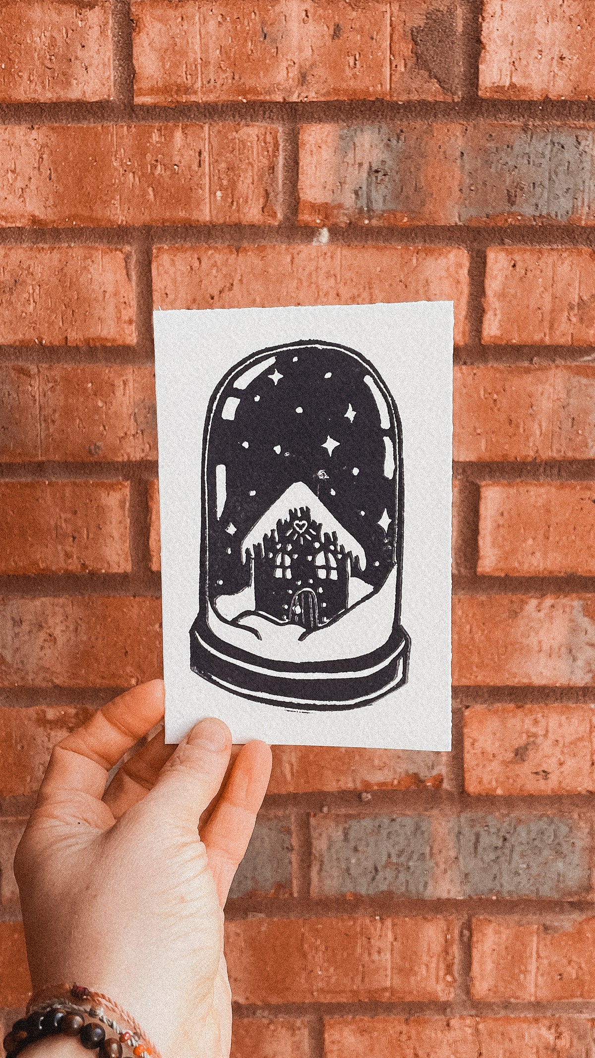 Handmade, Linocut Print Card: Snow Globe