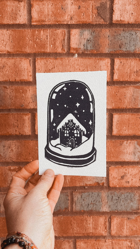 Handmade, Linocut Print Card: Snow Globe