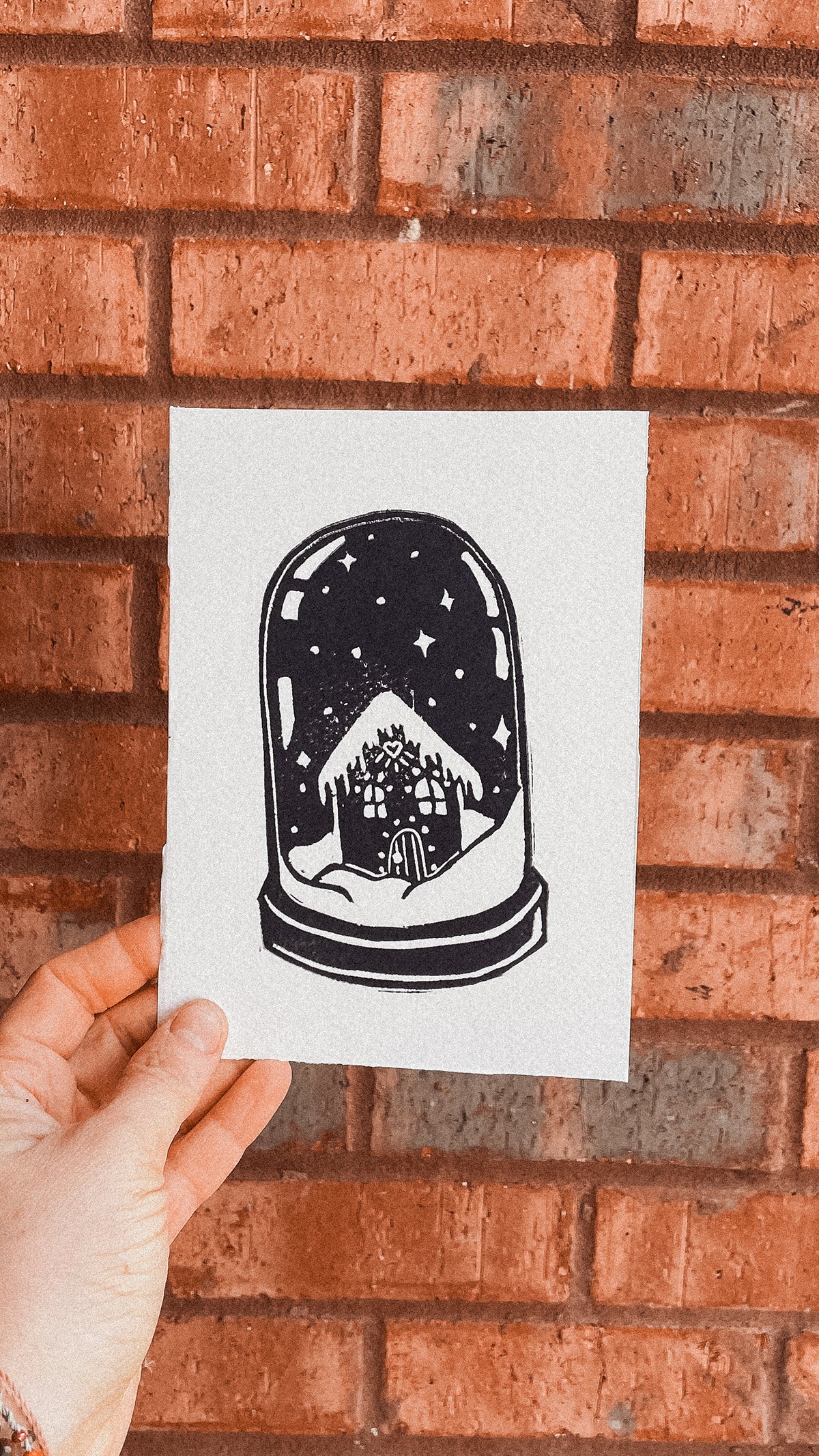 Handmade, Linocut Print Card: Snow Globe