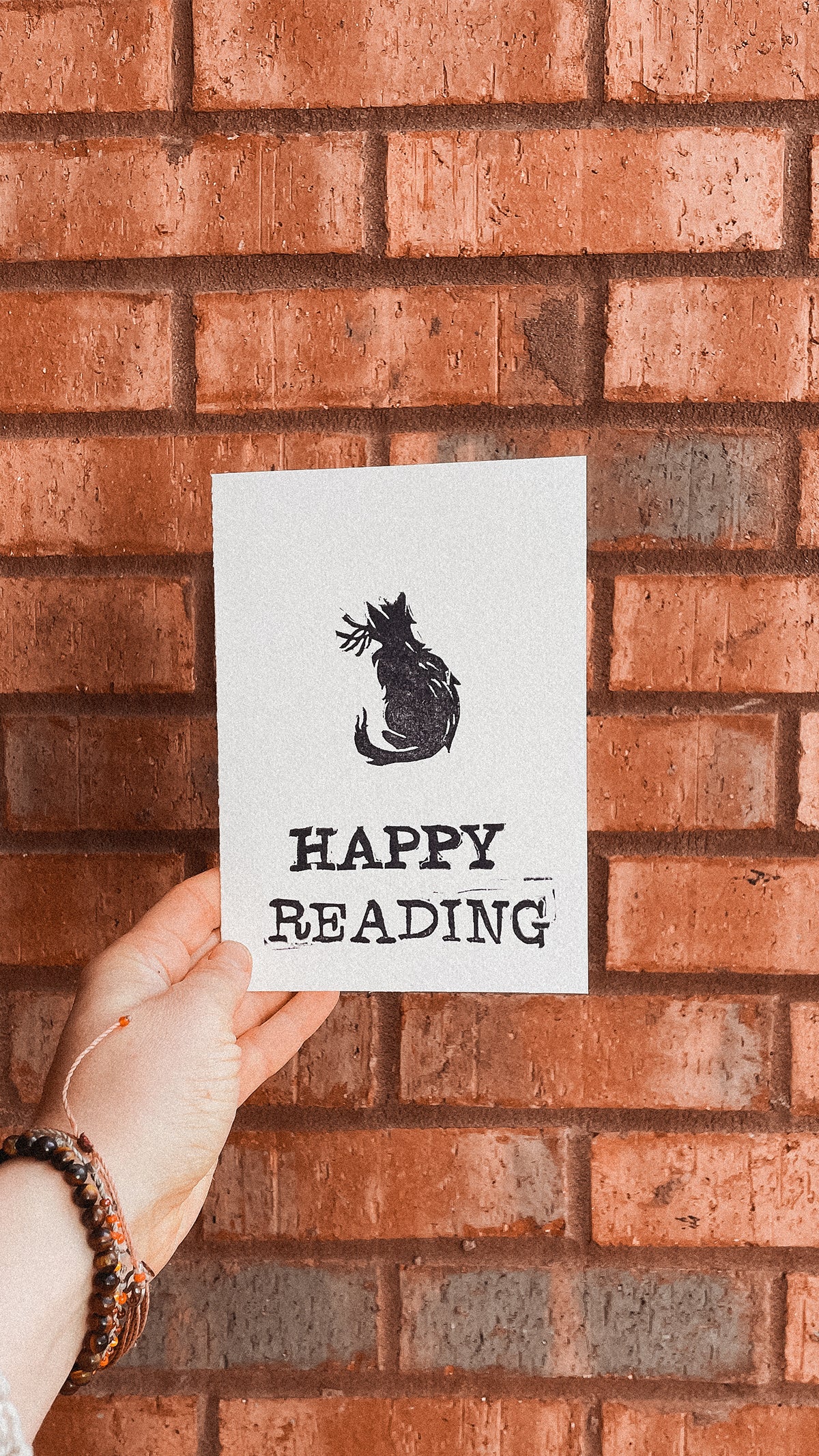 Handmade, Linocut Print Card: Happy Reading Cat