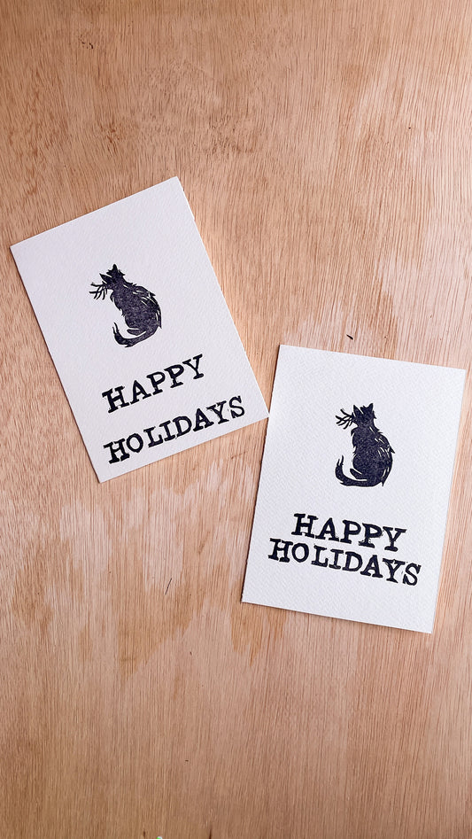 Handmade, Linocut Print Card: Happy Holidays Cat
