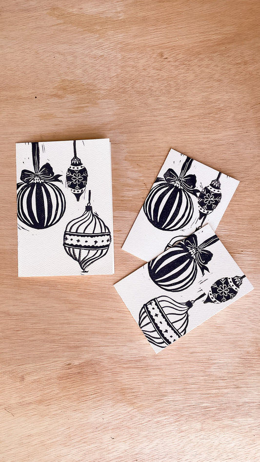 Handmade, Linocut Print Card: Christmas Baubles