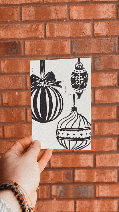 Handmade, Linocut Print Card: Christmas Baubles