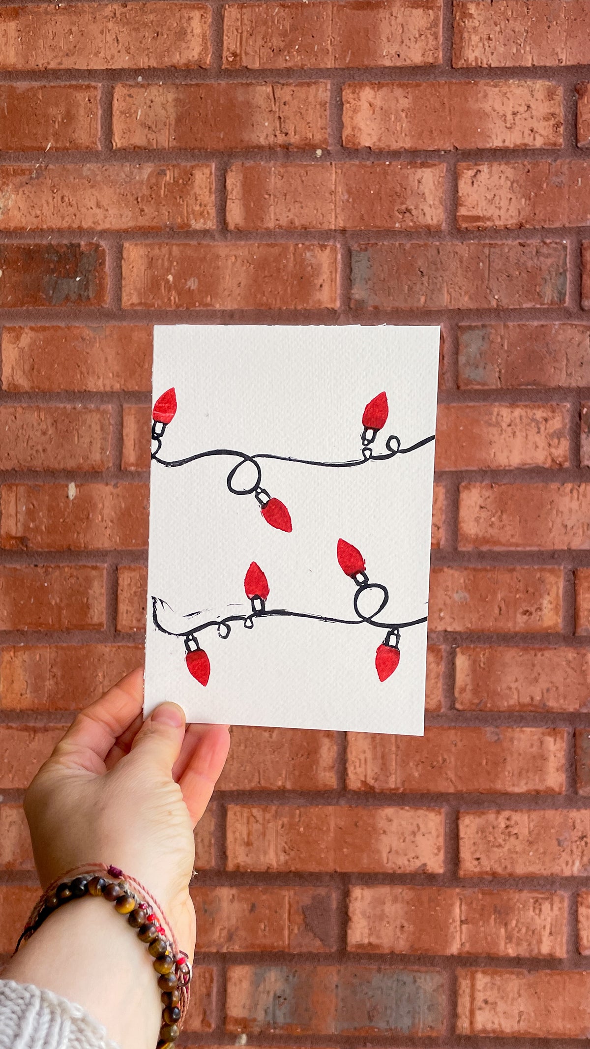 Handmade, Linocut Print Card: Holiday Lights