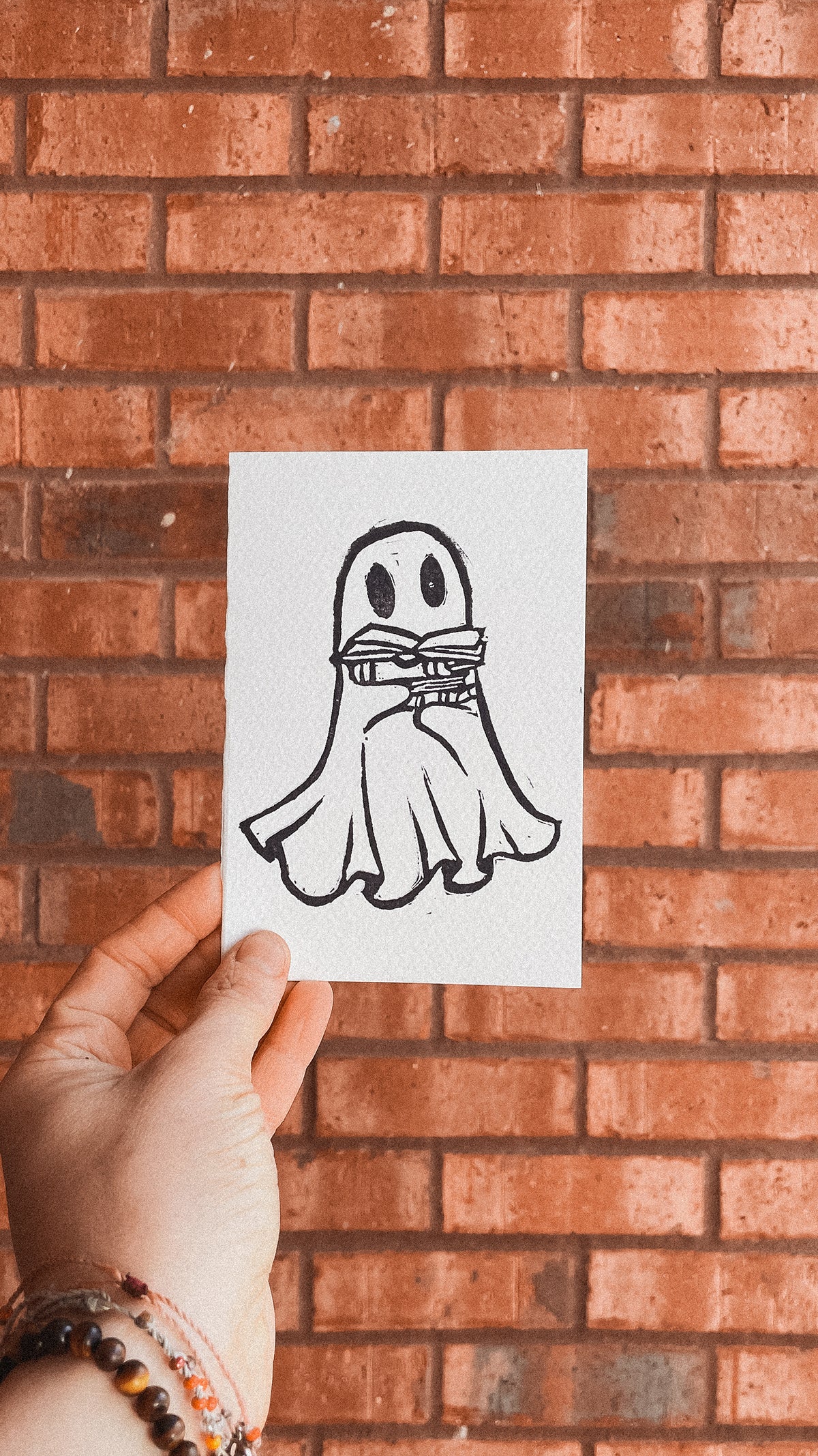 Handmade, Linocut Print Card: Boo Ghost