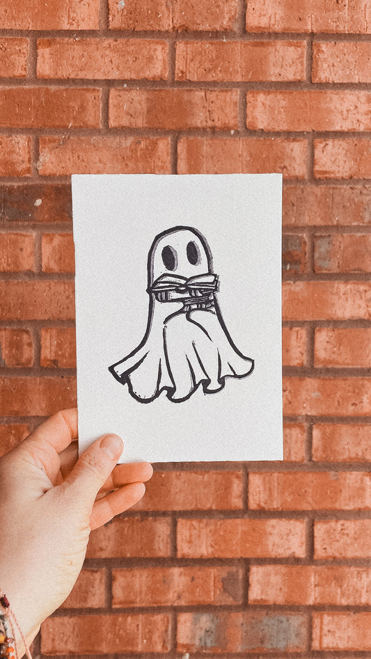 Handmade, Linocut Print Card: Boo Ghost