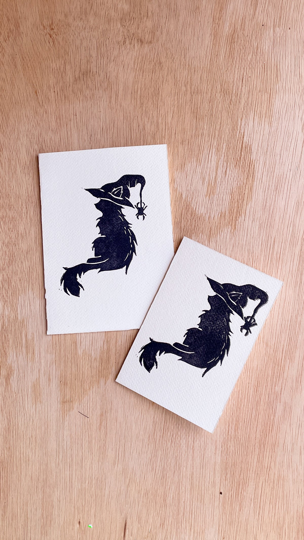 Handmade, Linocut Print Card: Witchy Cat