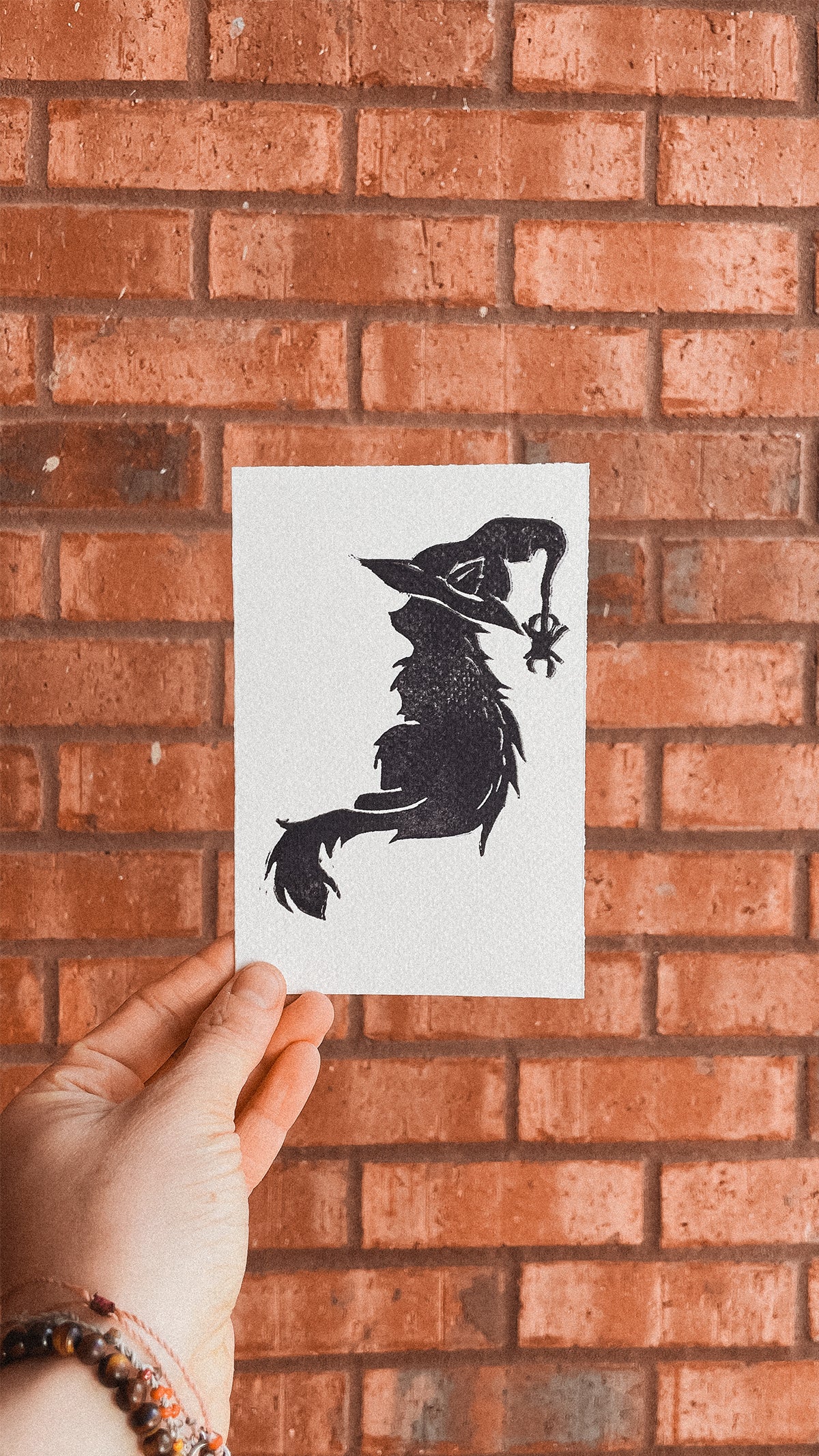 Handmade, Linocut Print Card: Witchy Cat