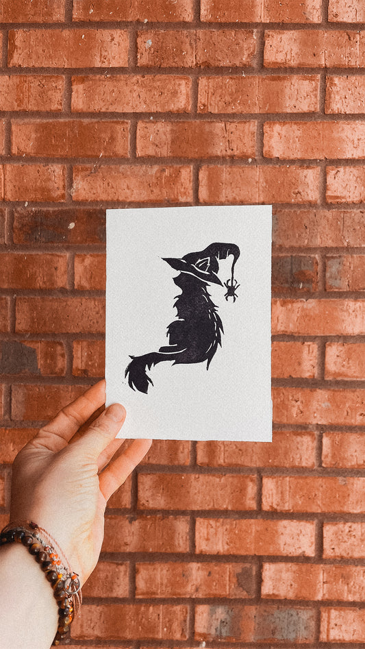 Handmade, Linocut Print Card: Witchy Cat