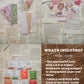 A collage-style product listing for a handmade bookish sticker set. The image shows a rustic background of vintage book pages, several colorful patterned paper sheets, a cluster of illustrated bookish stickers, small tea sachets, and a brown text panel listing included items such as a wax-sealed book with a Goodreads rating, a library card, a bookmark, three stickers, and organic tea.