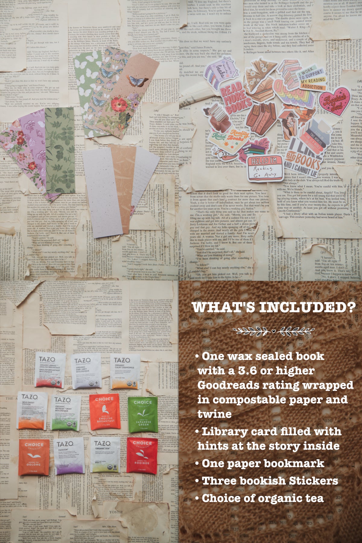 A collage-style product listing for a handmade bookish sticker set. The image shows a rustic background of vintage book pages, several colorful patterned paper sheets, a cluster of illustrated bookish stickers, small tea sachets, and a brown text panel listing included items such as a wax-sealed book with a Goodreads rating, a library card, a bookmark, three stickers, and organic tea.