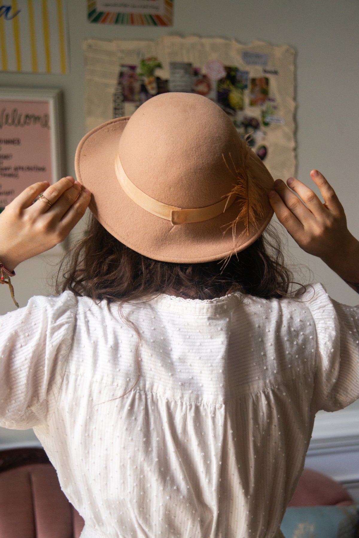Blush Wool Hat with Feather