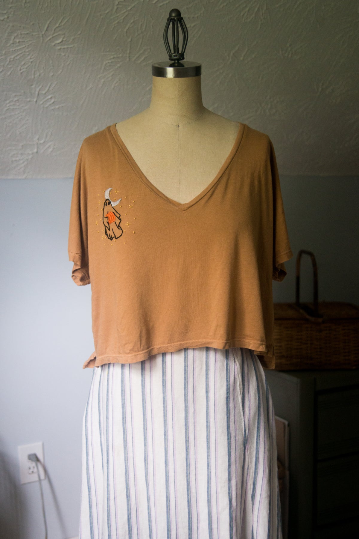 Hand Embroidered Ghost Tee - MEDIUM