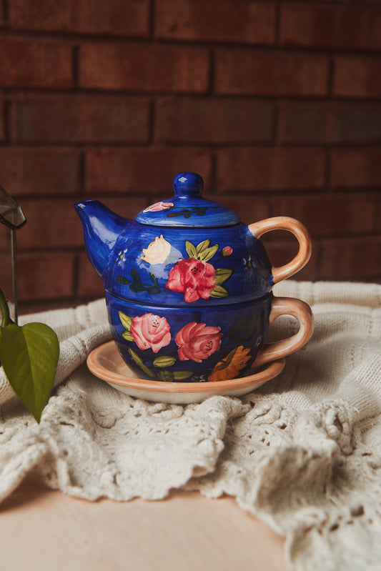 Rich Blue Floral Teapot & Cup Set