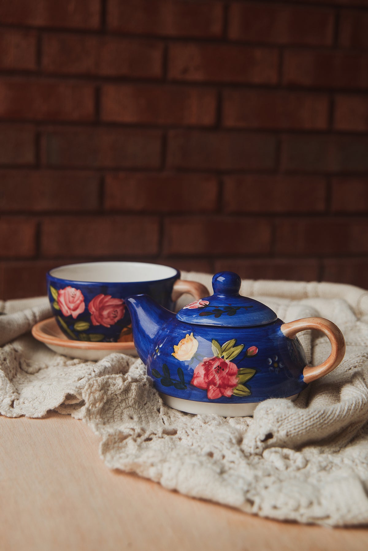 Rich Blue Floral Teapot & Cup Set
