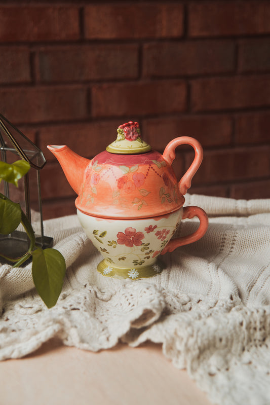 Orange Floral Teapot & Cup Set