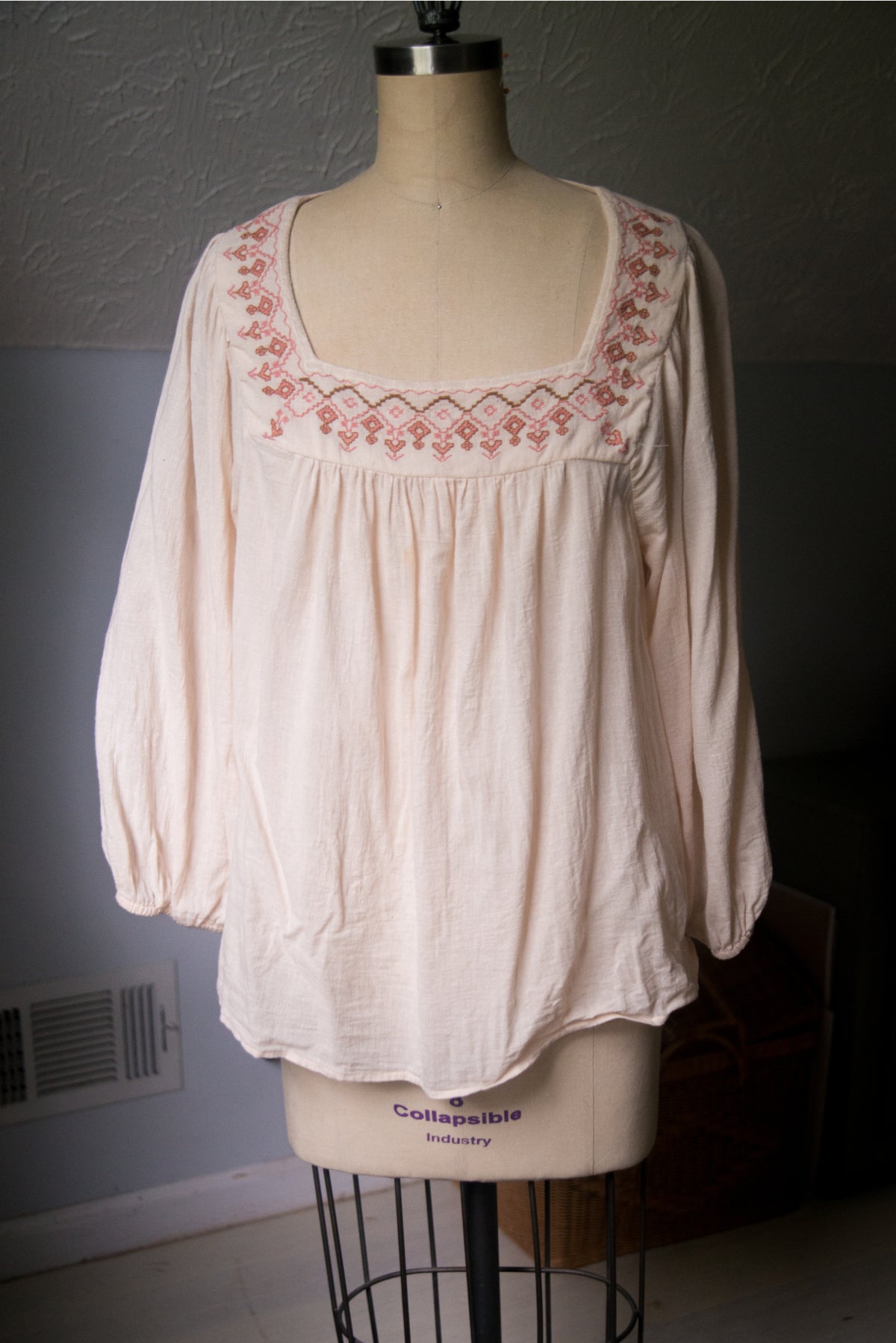 Embroidered Blush Peasant Blouse - Large