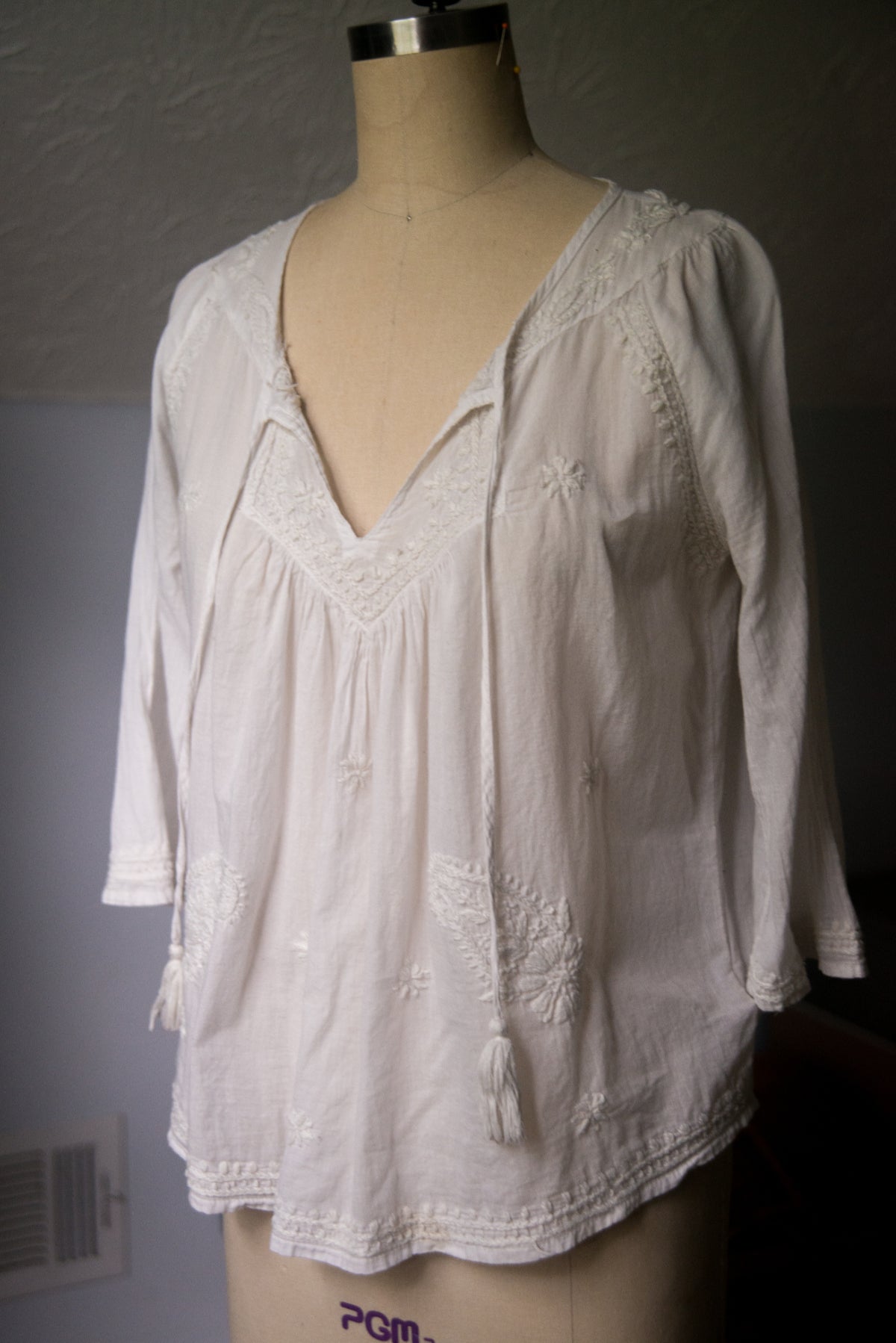 Embroidered White Peasant Blouse - Small